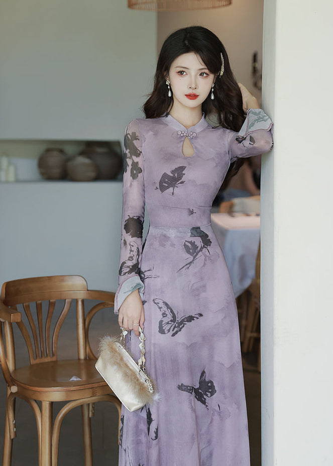 Purple Butterfly Print Short Qipao Dress for Women | Mandarin Collar Frog Buttons Keyhole Long Sleeve Slim Fit