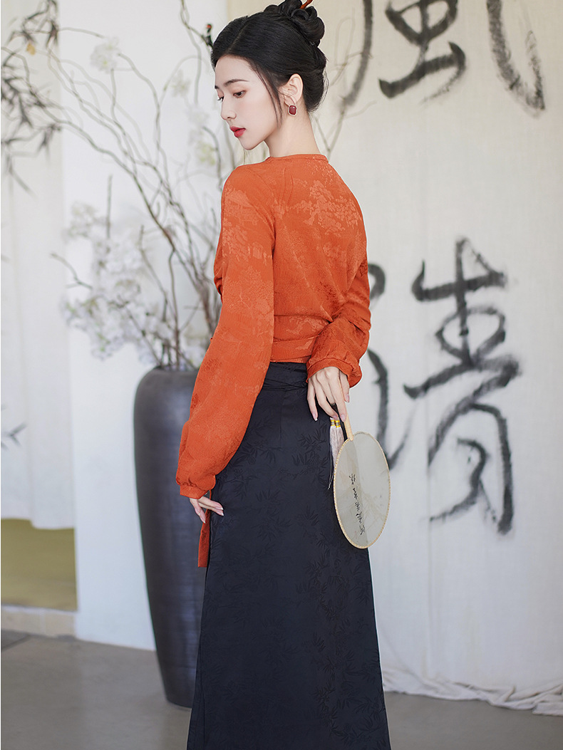 Elegant Hanfu Two-Piece Set – Orange Wrap Top and Black Skirt