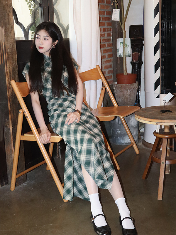 Plaid Cheongsam Dress Classic Green Checkered Style