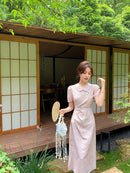 Pink Floral Embroidered Summer Dress with Puff Sleeves