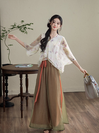 Floral Chiffon Top And High-Waist Wide-Leg Pants Two-Piece Set