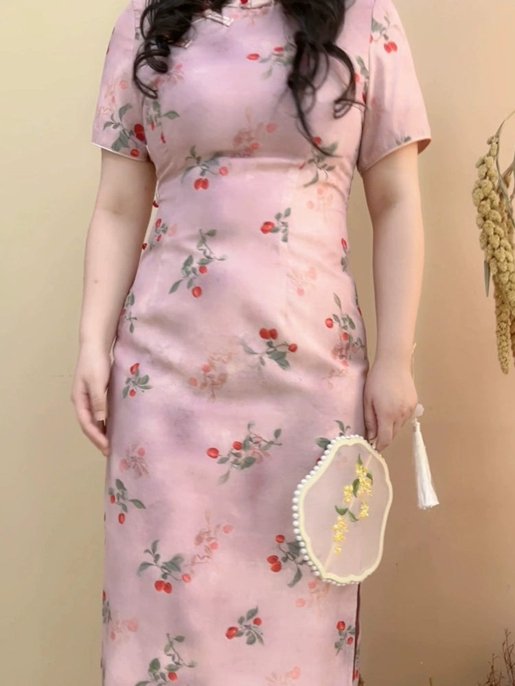 Elegant Pink Cherry Blossom Cheongsam Dress with Delicate Button Detailing