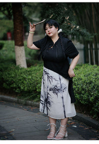 Traditional Black and White Cheongsam Dress Bamboo Print Asymmetrical