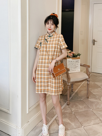 Yellow Plaid Short Cheongsam Dress Casual Vintage Style