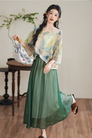 New Chinese Style Two-Piece Set with Flowing Green Skirt