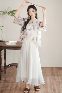 Butterfly Printed New Chinese Style Two-Piece Set