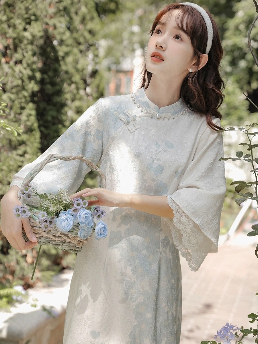 中国蓝花卉夏春旗袍连衣裙