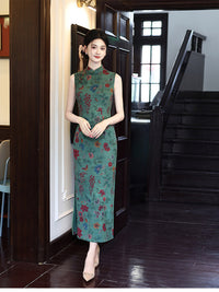 Green Floral Sleeveless Mandarin Collar Slim Qipao Dress