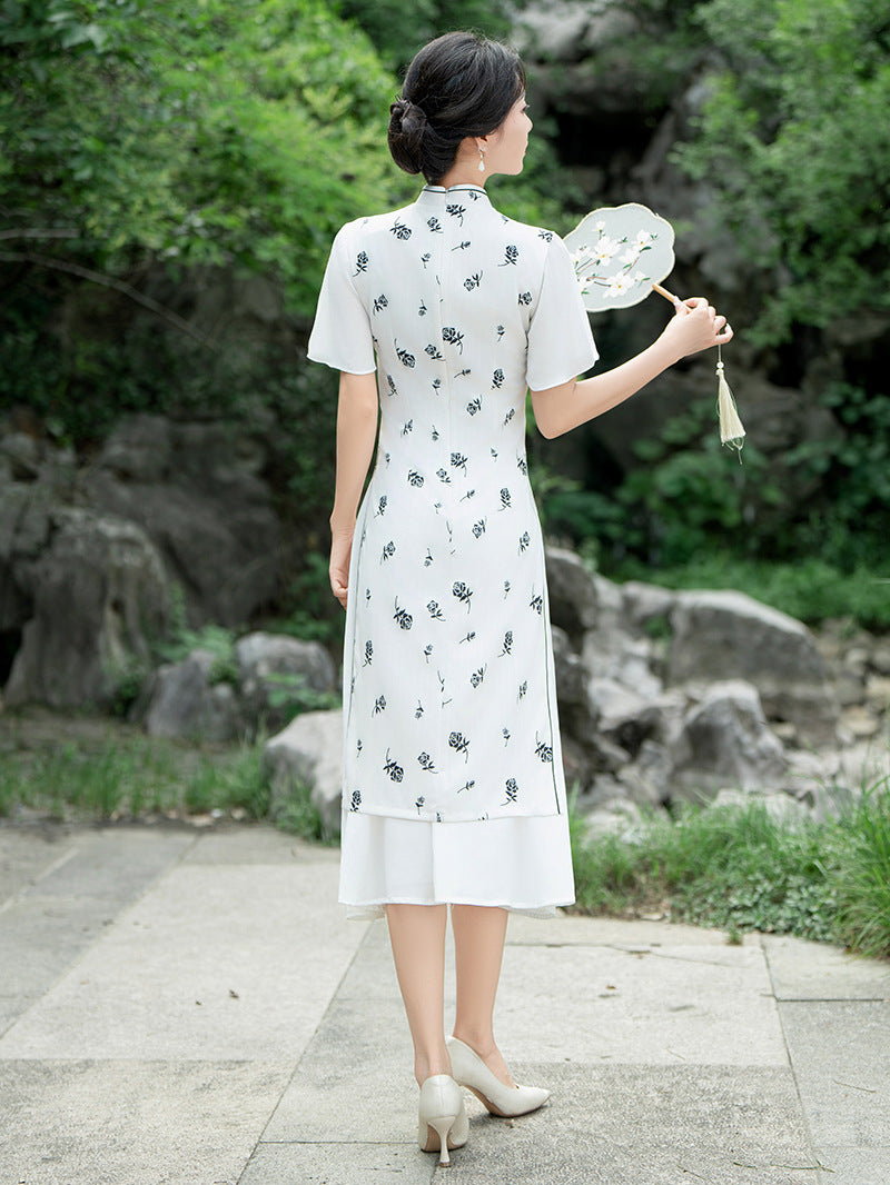 Elegant Floral Print Chinese Style Dress with Short Sleeves and Flowing Hemline