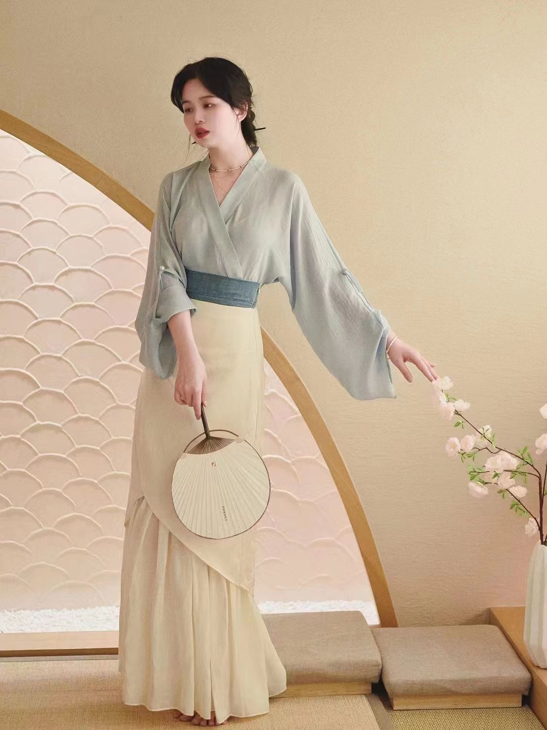 Elegant Two-Piece Flowing Hanfu Set with Light Blue Top and Cream Skirt