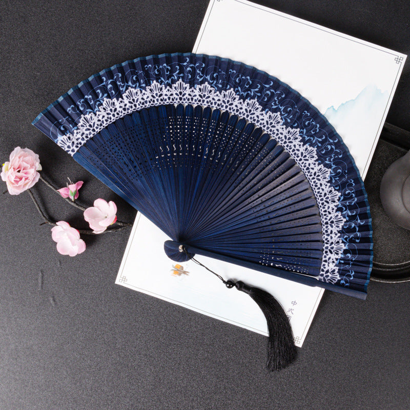 Elegant Blue Lace Folding Fan With Decorative Tassels And Gift Box