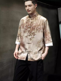 Chinese Vintage Men's Tang Linen Shirt with Bamboo Leaf Embroidery Designs