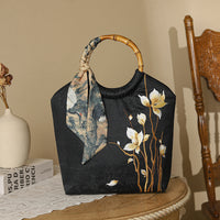 Elegant Black Bamboo Embroidered Handbag With Scarf Accent