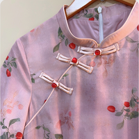 Elegant Pink Cherry Blossom Cheongsam Dress with Delicate Button Detailing