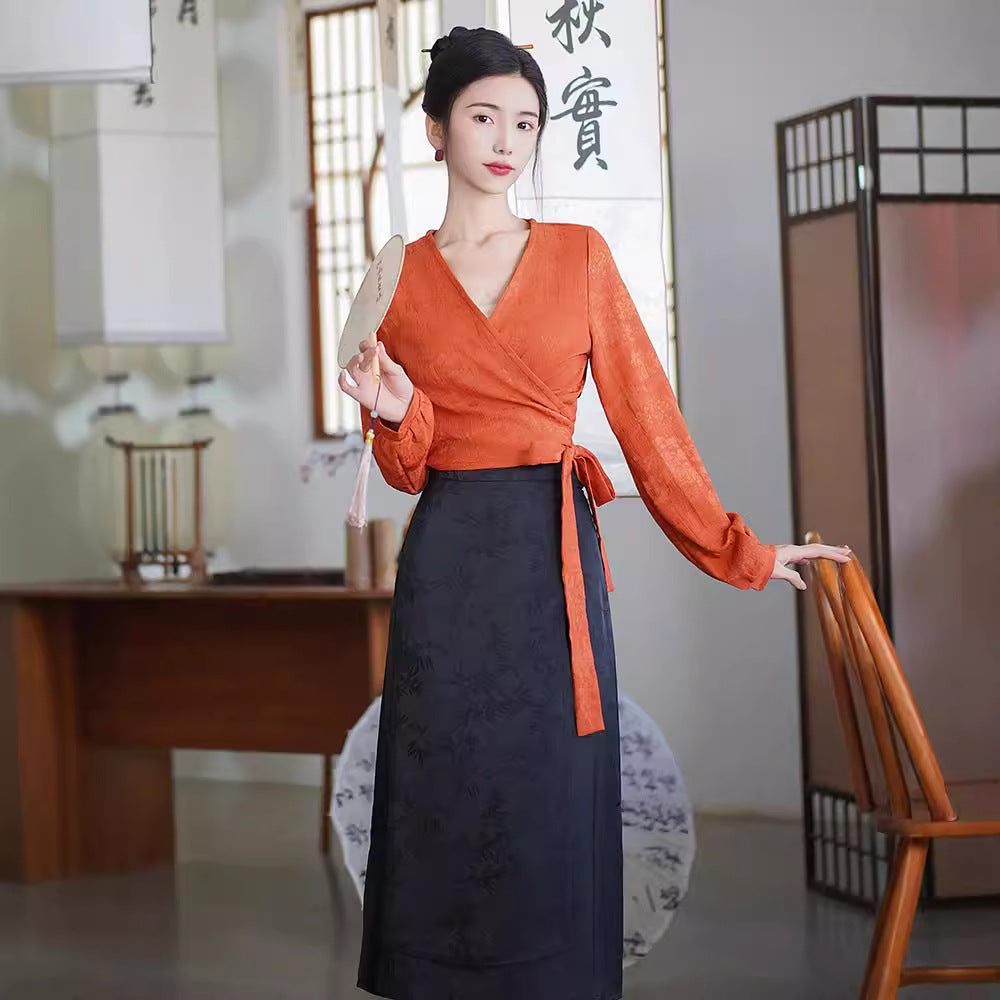 Elegant Hanfu Two-Piece Set – Orange Wrap Top and Black Skirt