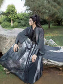 Elegant Traditional Hanfu Outfit with Bamboo Print Skirt and Black Robe