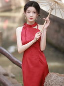 Elegant Halter-Style Red Cheongsam with Floral Jacquard