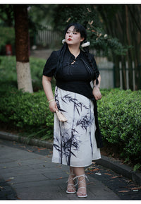 Traditional Black and White Cheongsam Dress Bamboo Print Asymmetrical