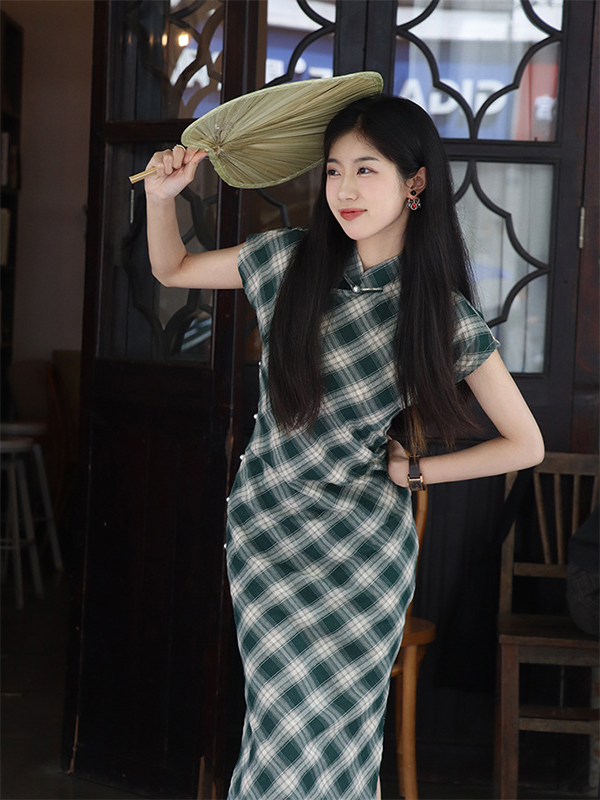 Plaid Cheongsam Dress Classic Green Checkered Style