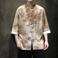 Chinese Vintage Men's Tang Linen Shirt with Bamboo Leaf Embroidery Designs