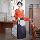 Elegant Hanfu Two-Piece Set – Orange Wrap Top and Black Skirt