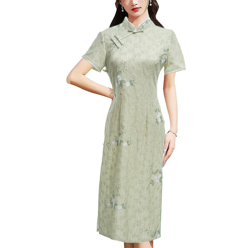 Women's Pastel Green Lace Modern Cheongsam Dress