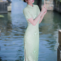 Women's Pastel Green Lace Modern Cheongsam Dress