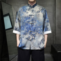 Chinese Vintage Men's Tang Linen Shirt with Bamboo Leaf Embroidery Designs