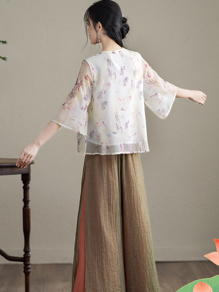 Floral Chiffon Top And High-Waist Wide-Leg Pants Two-Piece Set