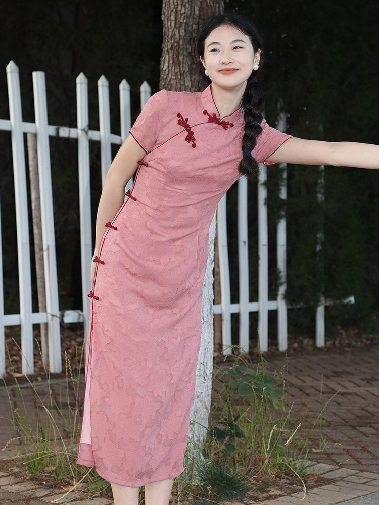 Elegant Pink Floral Cheongsam Dress