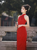 Elegant Red Halter Cheongsam Dress With Traditional Chinese Design