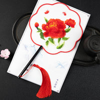 Chinese Embroidered Peony Fan With Red Tassel and Black Handle