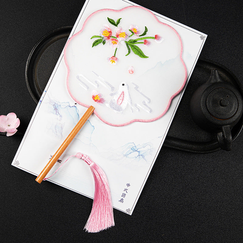 Chinese Embroidered Round Silk Fan With Pink Tassel Wooden Handle