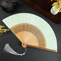 Elegant Bamboo Folding Fan with Mint Green Fabric and Decorative Box