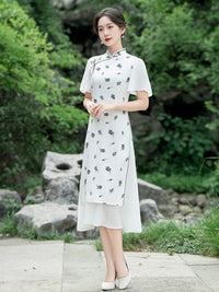 Elegant Floral Print Chinese Style Dress with Short Sleeves and Flowing Hemline