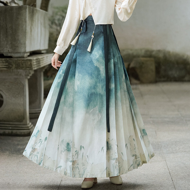 Elegant Hanfu-Inspired Two-Piece Set with Printed Gradient Skirt