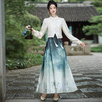 Elegant Hanfu-Inspired Two-Piece Set with Printed Gradient Skirt