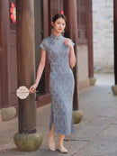 Blue floral short-sleeve vintage qipao dress