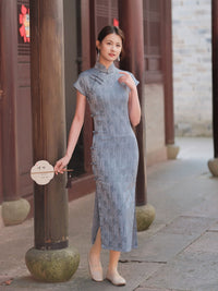 Blue floral short-sleeve vintage qipao dress