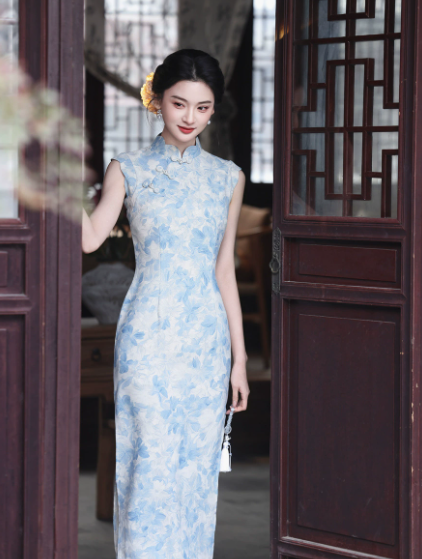 Ink Wash Floral Qipao | Soft Blue Sleeveless Chinese Cheongsam Midi Dress