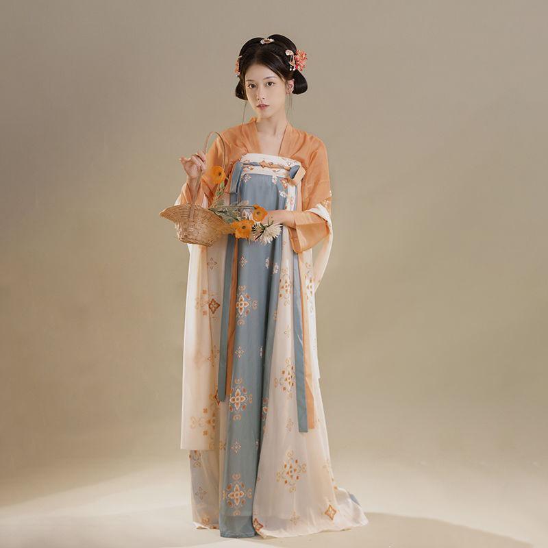 Tang Dynasty Orange And Blue Chinese Traditional Hanfu