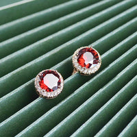 Red Garnet Diamond Halo Round Stud Earring Push Back Rose Gold Plated Women Gift