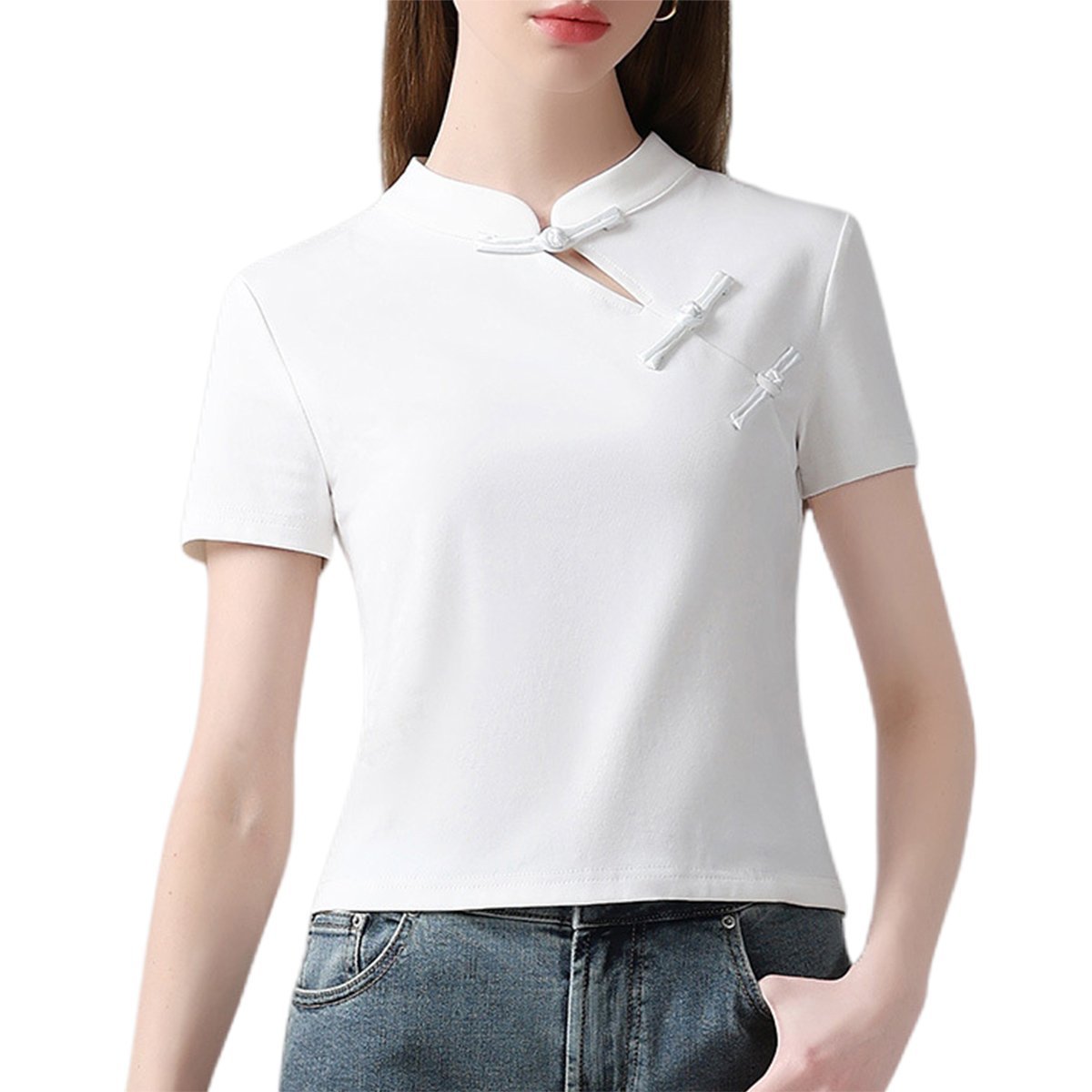 Chinese Style Stand Up Collar Disc Button Blouse Short Sleeve Women Fashion