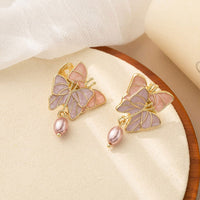 Elegant Pink Purple Double Butterfly Earrings Women Fashion Jewelry Gift Set