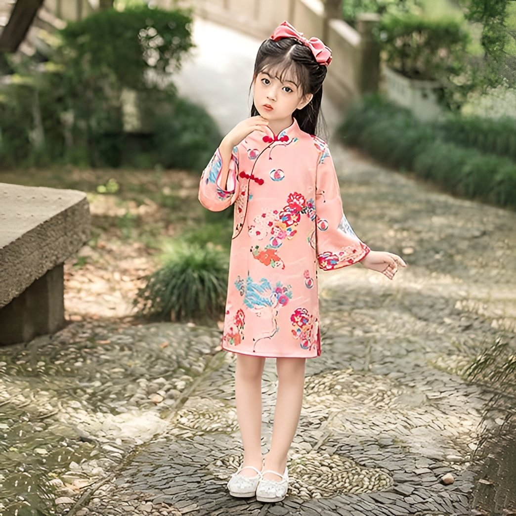 Girls' Long Sleeve Pink Floral Velvet Qipao