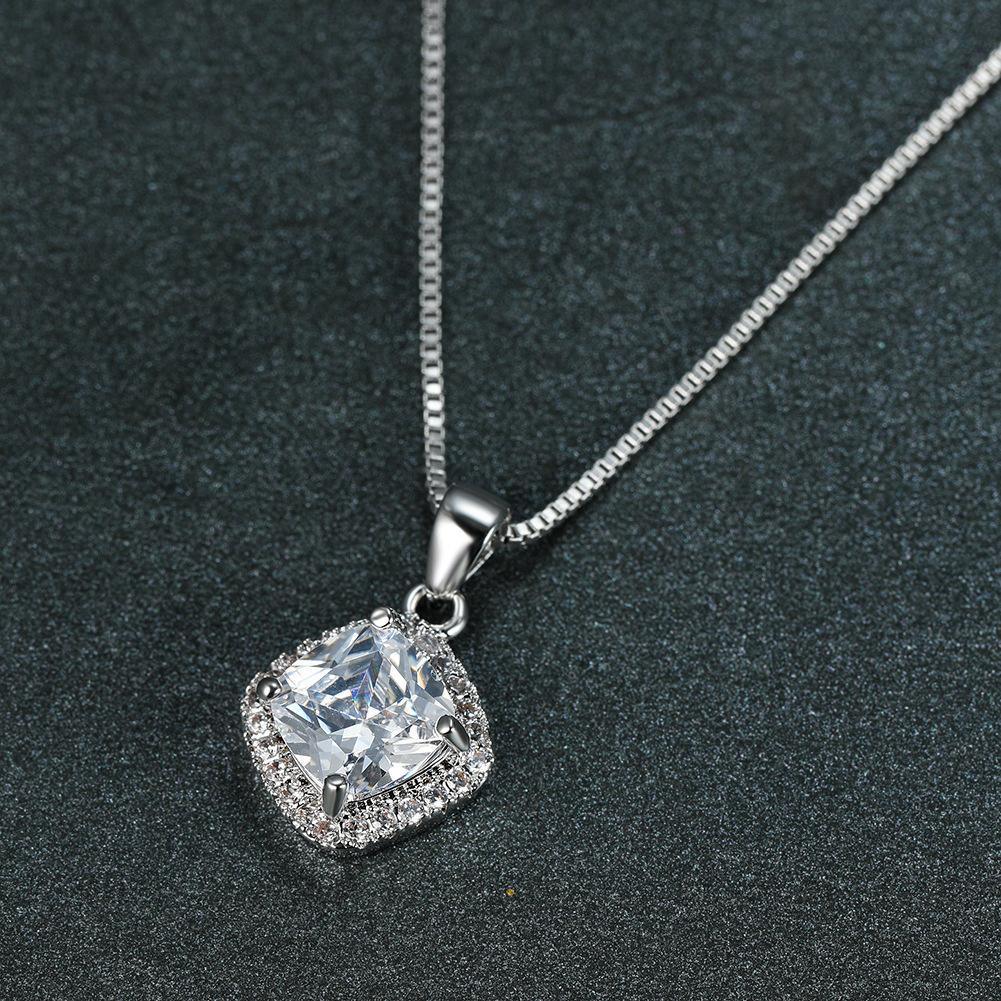 Fashion 925 Sterling Silver Stunning Square Cubic Zircon Pendant Necklace Chain