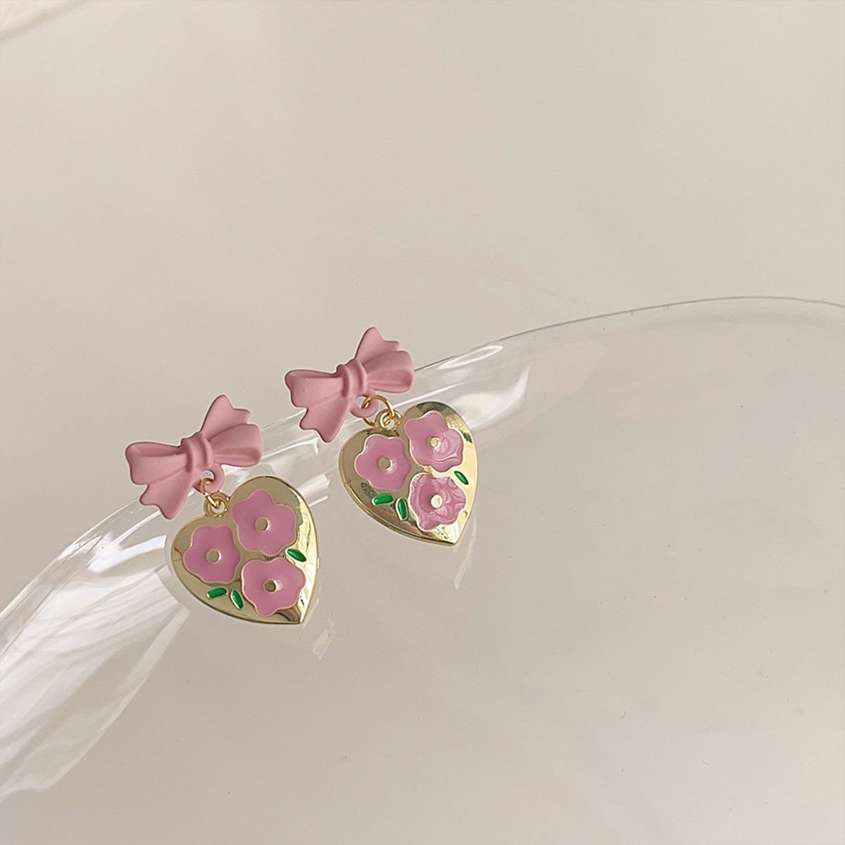 Lovely Pink Bow Heart Shaped Earrings Women Sweet Fashion Jewelry Gift