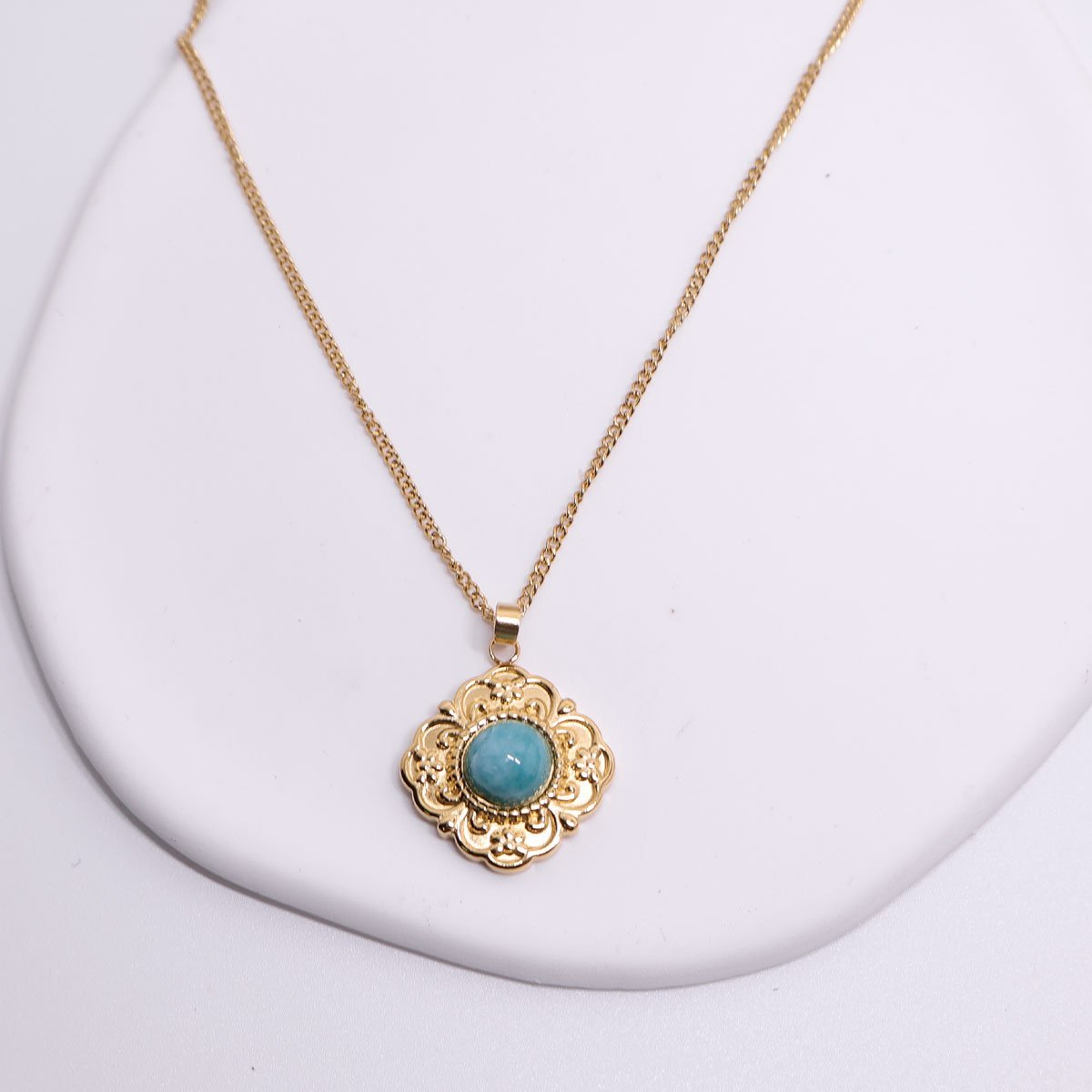 Natural Blue Stone Pendant Necklace Vintage Carved Geometric Jewelry Gift