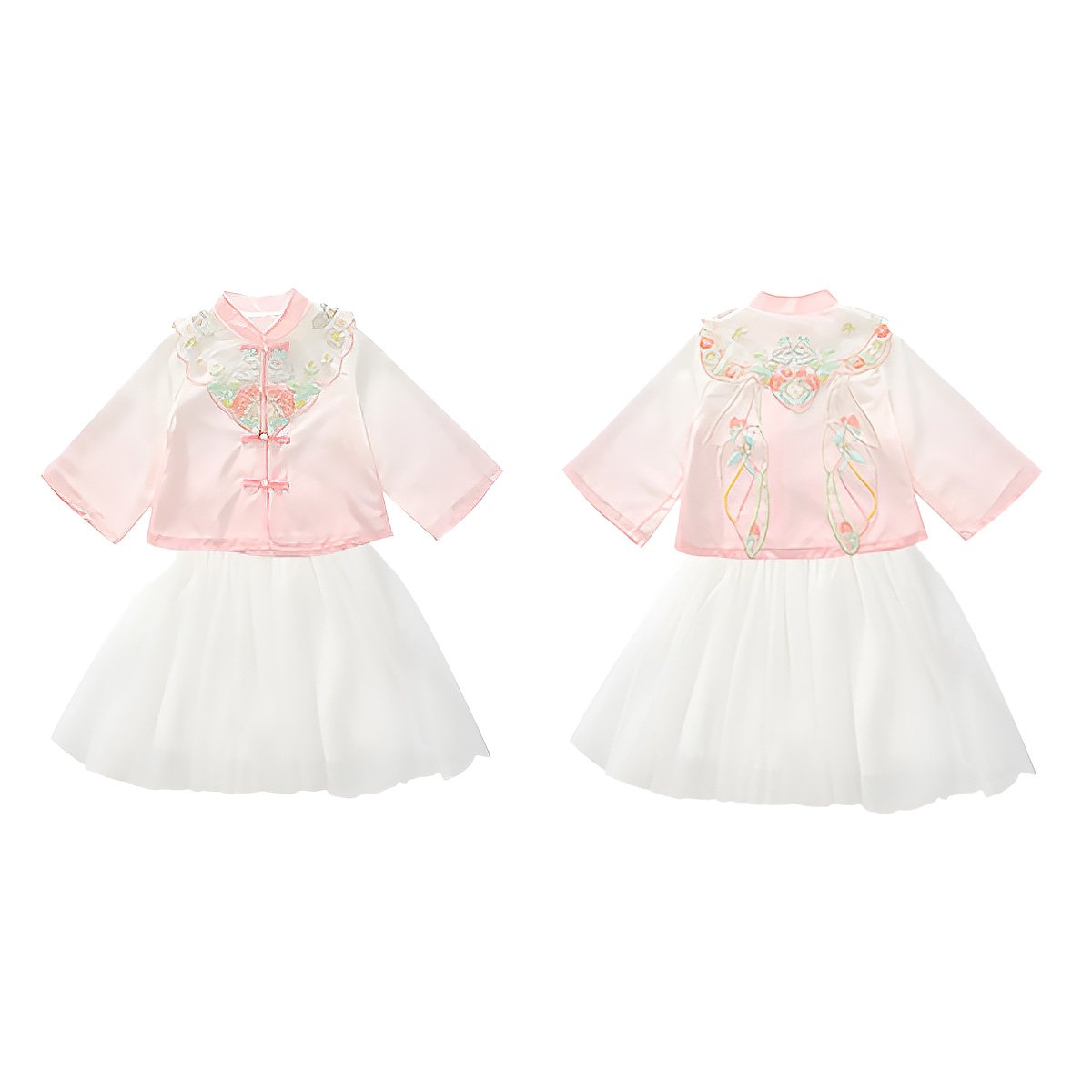 Pink and White Floral Girls Hanfu Two Piece Set