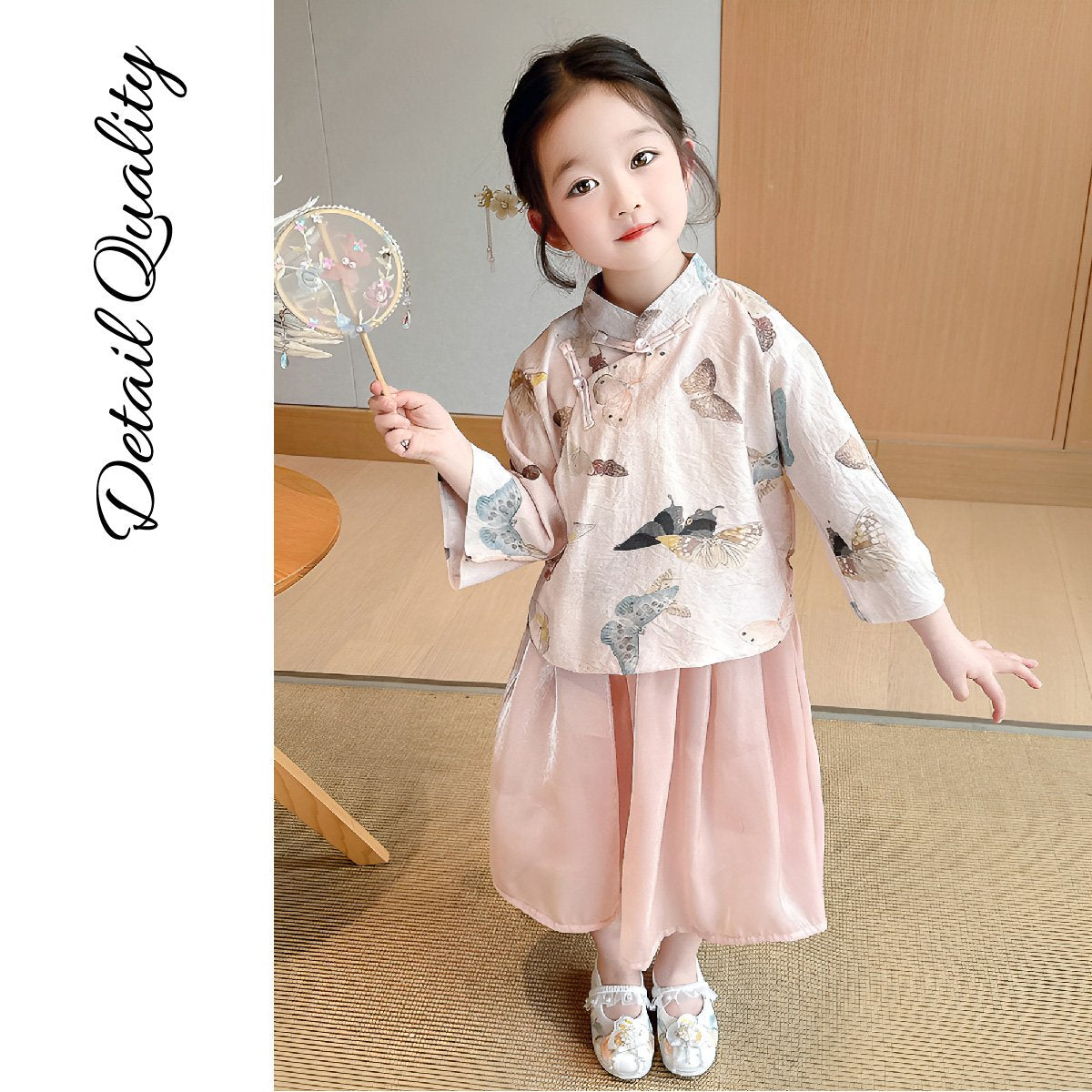 Girls' Cartoon Bird Print New Chinese Style Pink Set